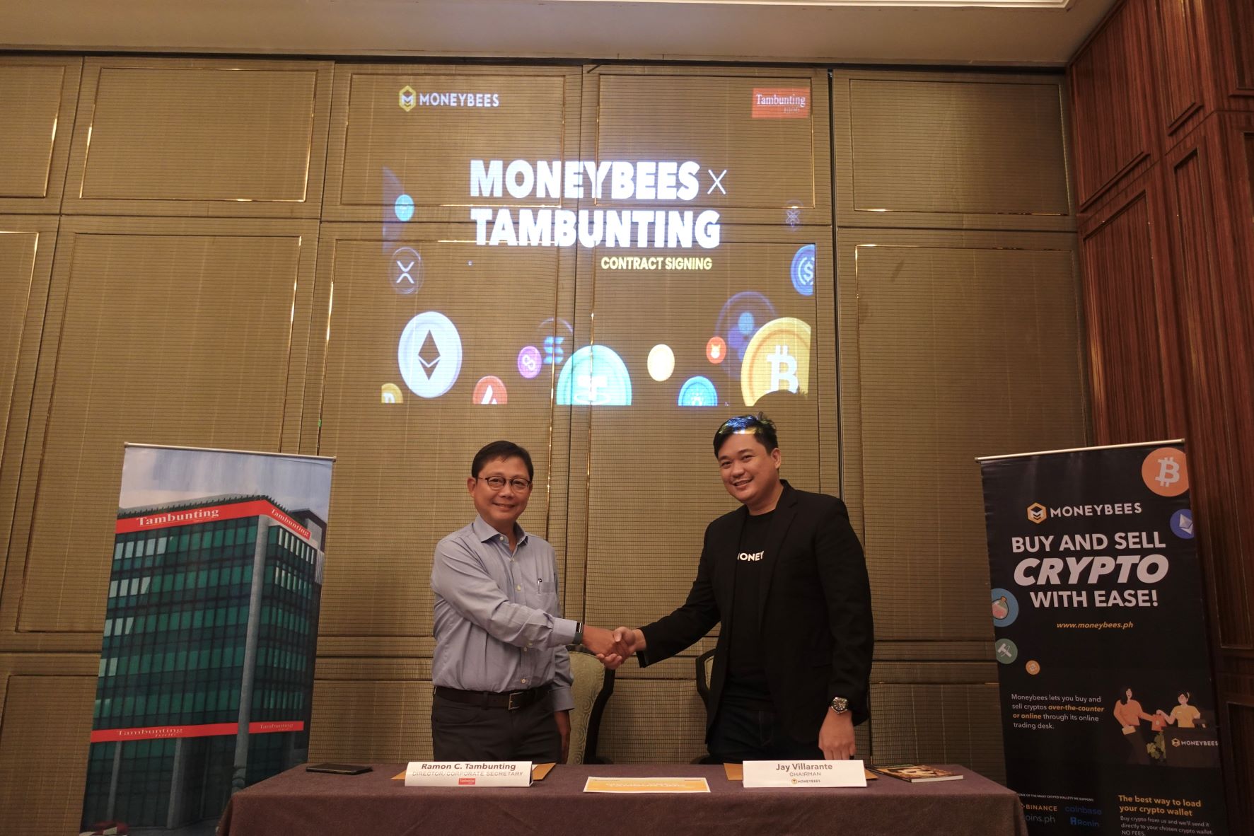 Tambunting Director and Corporate Secretary Ramon C. Tambunting and Moneybees Chairman Jay Ricky R. Villarante sign the partnership agreement streamlining over-the-counter crypto transactions in the country.