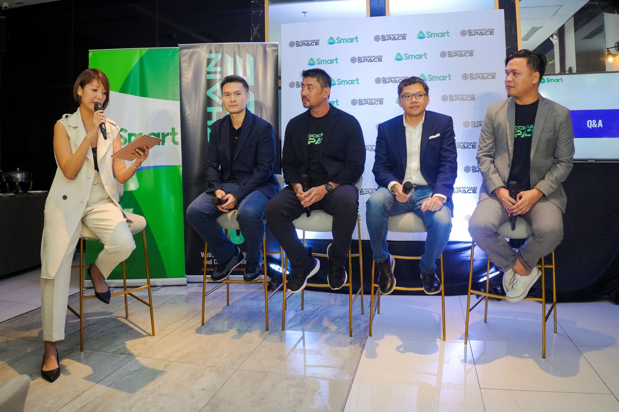 The panel consisting of Dexter Chan, Smart AVP for Content Business Development; Peter Ing, BlockchainSpace founder and CEO; Lloyd Manaloto, Smart FVP and Head of Prepaid and Content; and Aspen Sañez, BlockchainSpace global head of marketing, answer questions from the media.