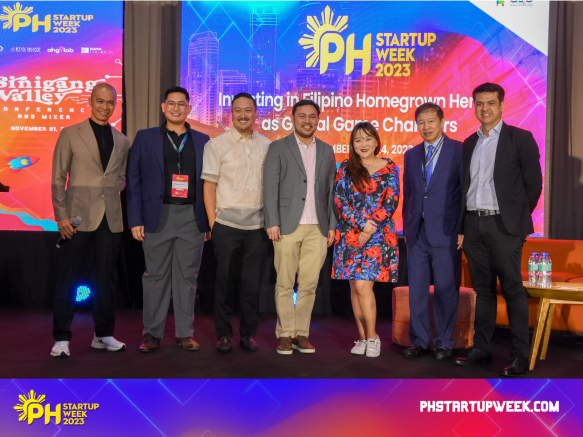 (From left to right) Serial entrepreneur and CNN Philippines' "The Final Pitch" host John Aguilar; AHG Lab Co-Founder & CEO Rene Cuartero; Foxmont Capital Partners Managing Partner Franco Varona; Philippine Senator and Senate Committee on Trade, Commerce, and Entrepreneurship Chairperson Hon. Mark Villar; IdeaSpace Investments and QBO Innovation Hub Executive Director Katrina Chan; IdeaSpace Foundation and QBO Innovation Hub President Rene "Butch" Meily; and Kaya Founders Founding Managing General Partner Paulo Campos at the opening of the Sinigang Valley Conference by QBO Innovation Hub.