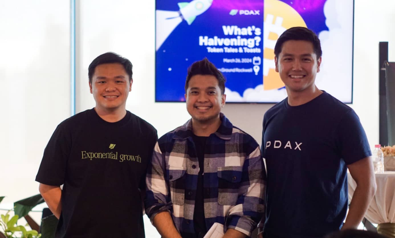 (L-R) Nichel O. Gaba, CEO of PDAX; Giu Comia, Event Moderator; and Vincent Tio, Head of Platform Solutions for PDAX posing after the What's Halvening AMA